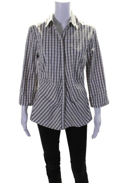 Lafayette 148 New York Womens Gray Cotton Plaid Ruched Long Sleeve Shirt Size 8