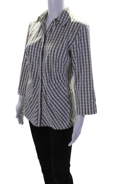 Lafayette 148 New York Womens Gray Cotton Plaid Ruched Long Sleeve Shirt Size 8