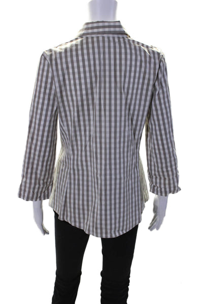 Lafayette 148 New York Womens Gray Cotton Plaid Ruched Long Sleeve Shirt Size 8