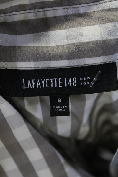 Lafayette 148 New York Womens Gray Cotton Plaid Ruched Long Sleeve Shirt Size 8