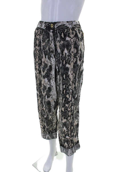 Calvin Klein Womens High Rise Cuffed Snakeskin Print Pants Black Brown Medium