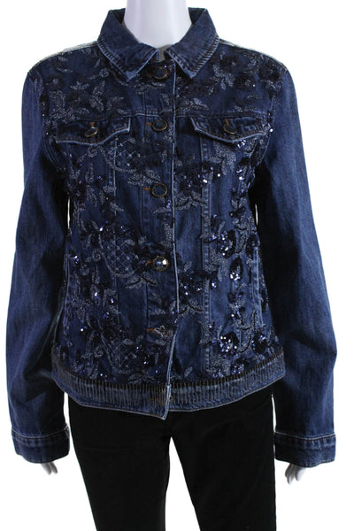 Designal Womens Cotton Floral Sequined Button Down Jean Jacket Blue Size 40