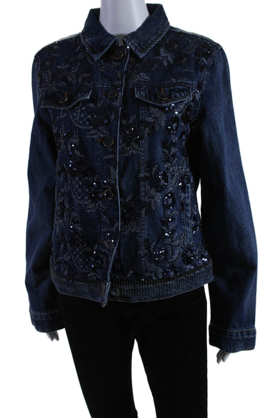 Designal Womens Cotton Floral Sequined Button Down Jean Jacket Blue Size 40