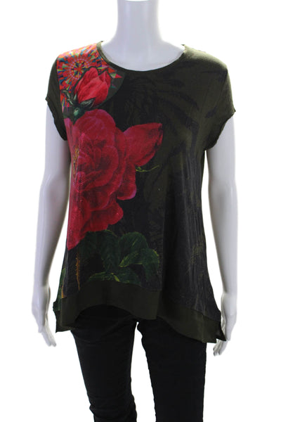 Desigual Womens Floral Print Embroidered Sleeveless Top Green Size Large