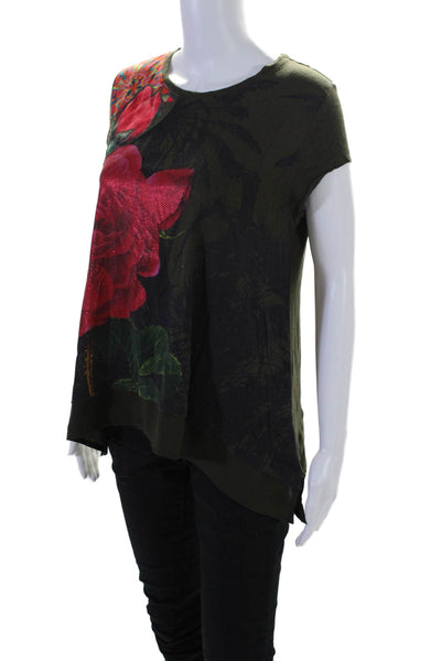 Desigual Womens Floral Print Embroidered Sleeveless Top Green Size Large