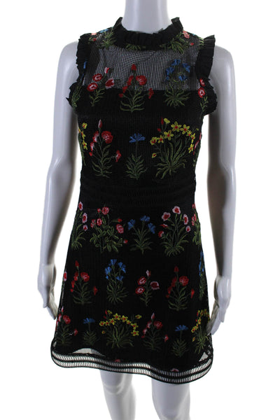 Lucy Paris Womens Floral Print Embroidered Sleeveless Dress Black Size XS