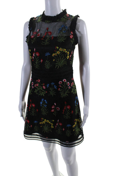 Lucy Paris Womens Floral Print Embroidered Sleeveless Dress Black Size XS