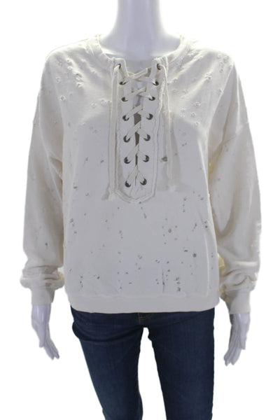 NSF Womens Cotton White Distress Lace Up Long Sleeve Pullover Sweatshirt Size M