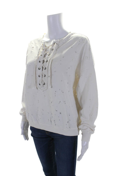 NSF Womens Cotton White Distress Lace Up Long Sleeve Pullover Sweatshirt Size M