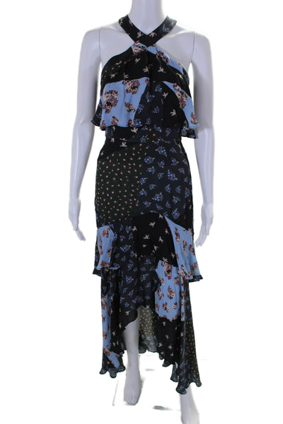 Parker Womens Silk Patchwork Floral Halter Neck Ruffle Gown Blue Size 0