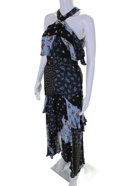 Parker Womens Silk Patchwork Floral Halter Neck Ruffle Gown Blue Size 0