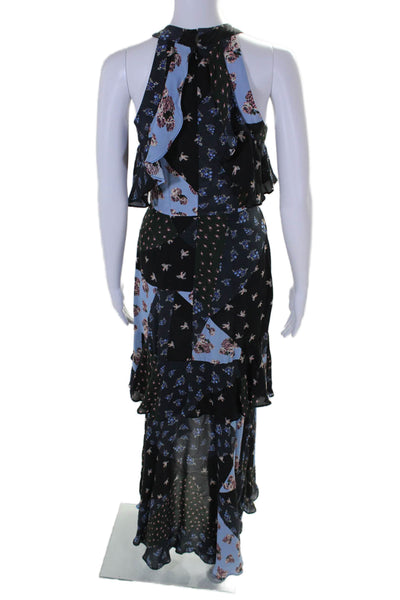 Parker Womens Silk Patchwork Floral Halter Neck Ruffle Gown Blue Size 0