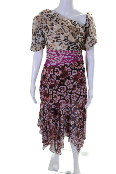 AMUR Womens One Shoulder Animal Print Silk Puff Sleeve Gown Pink Size 4