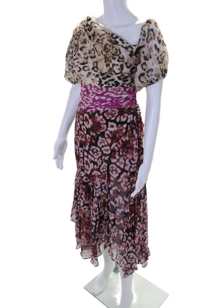 AMUR Womens One Shoulder Animal Print Silk Puff Sleeve Gown Pink Size 4