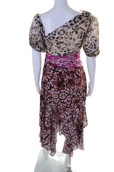 AMUR Womens One Shoulder Animal Print Silk Puff Sleeve Gown Pink Size 4