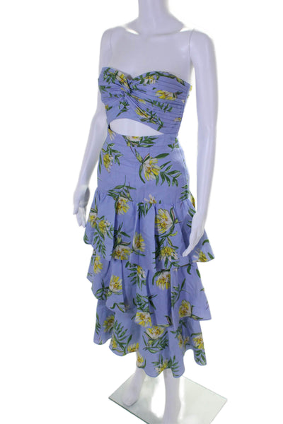 AMUR Womens Floral Print Cutout Strapless Ruffle Tiered Maxi Dress Blue Size 0