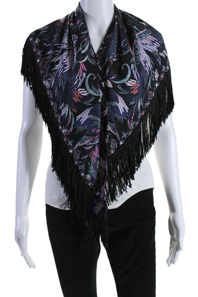 Louis Vuitton Womens Silk Graphic Print Sequined Frayed Hem Shawl Black Size OS