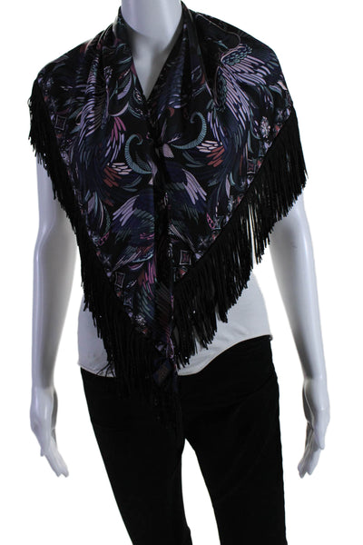 Louis Vuitton Womens Silk Graphic Print Sequined Frayed Hem Shawl Black Size OS