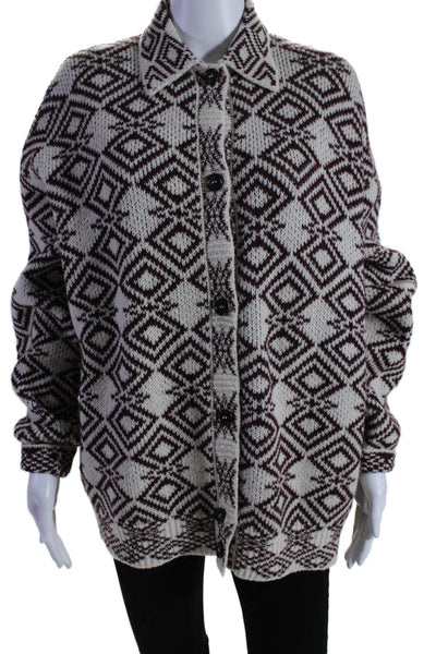 Prada Womens Geometric Print Knitted Collared Button Cardigan Brown Size EUR 36