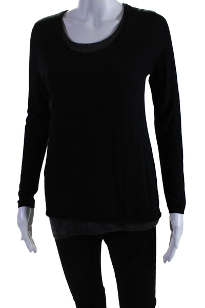 Kokun Womens Long Sleeve Double Layered Round Neck Knit Top Black Gray Size S