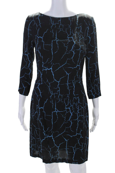 Nicole Miller Womens Silk Abstract Print Long Sleeves Dress Black Blue Size Smal