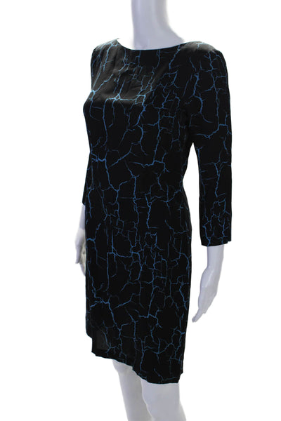 Nicole Miller Womens Silk Abstract Print Long Sleeves Dress Black Blue Size Smal