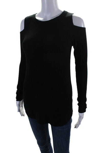 LNA Womens Longt SLeeve Open Shoulder Rib Knit Top Black Size Small