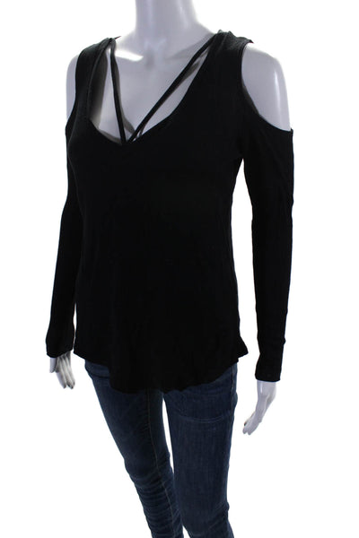 LNA Womens Open Shoulder V Neck Long Sleeve Basic Top Black Size Small