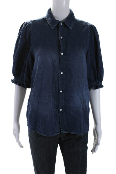 Ba&Sh Womens Puffy Short Sleeves Button Down Shirt Denim Blue Cotton Size 0