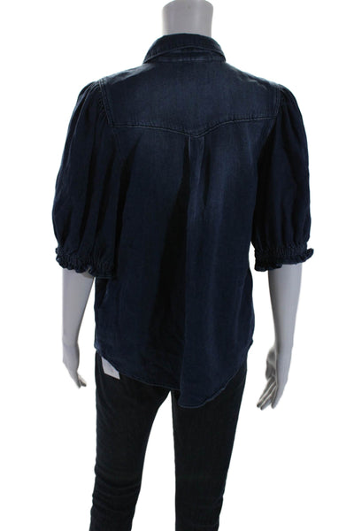 Ba&Sh Womens Puffy Short Sleeves Button Down Shirt Denim Blue Cotton Size 0