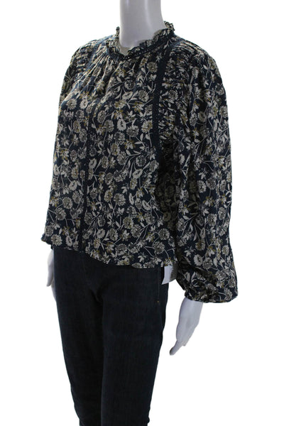 The Westside Womens Floral Print Blouse Navy Blue Cotton Size Extra Small