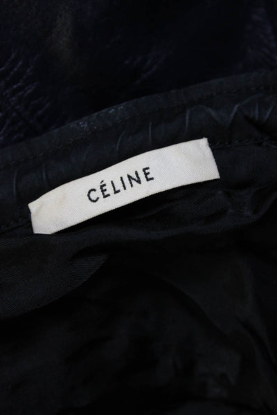 Celine Womens Front Zip Long Sleeve Crew Neck Leather Jacket Navy Blue IT 34