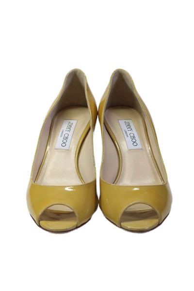 Jimmy Choo Womens Patent Leather Open Toe Heels Pumps Yellow Size 37.5 7.5