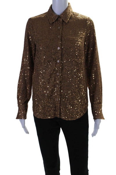 Anthropologie Womens Collared Long Sleeve Sequin Button Down Shirt Brown Size XS