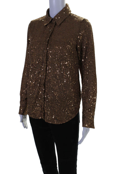 Anthropologie Womens Collared Long Sleeve Sequin Button Down Shirt Brown Size XS