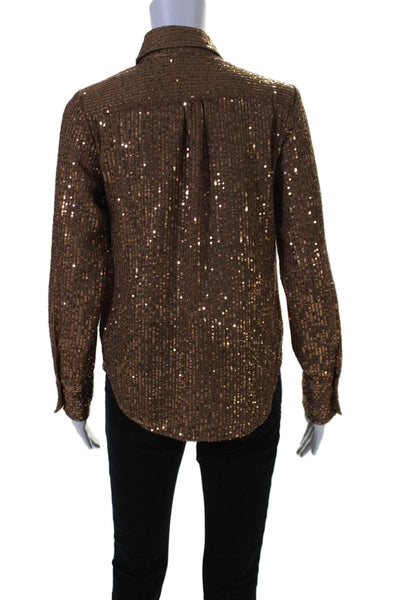 Anthropologie Womens Collared Long Sleeve Sequin Button Down Shirt Brown Size XS