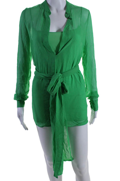 Costarellos Womens Long Sleeve Button Down Mid Calf Dress Green Size Small