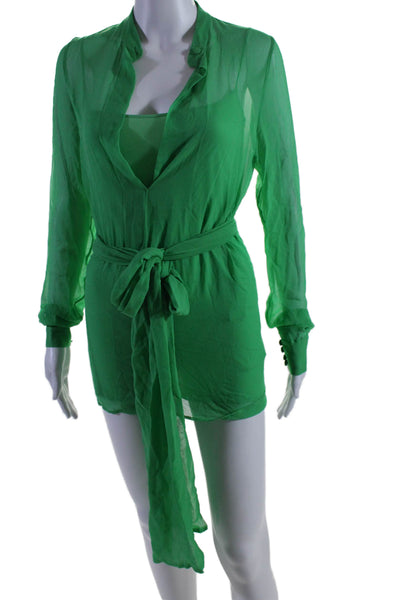 Costarellos Womens Long Sleeve Button Down Mid Calf Dress Green Size Small