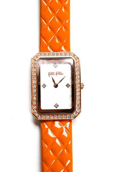 Folli Follie Womens Stainless Steel Crystal Detail Leather Orange Band Watch