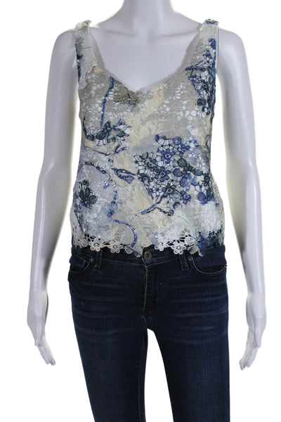 Designer Womens Blue Floral Lace Lined Scoop Neck Sleeveless Blouse Top Size M