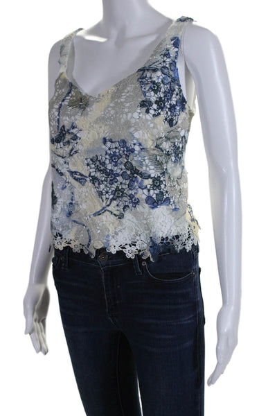 Designer Womens Blue Floral Lace Lined Scoop Neck Sleeveless Blouse Top Size M