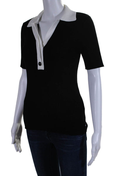 Karl Lagerfeld Womens Short Sleeve V Neck Ribbed Knit Blouse Black Size S