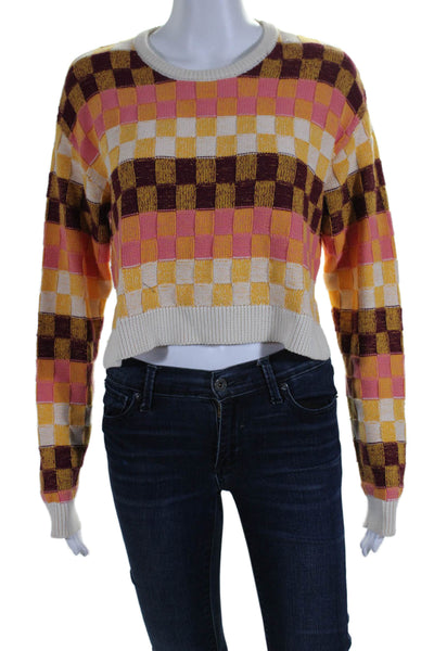 The Upside Womens Cotton Checkered Long Sleeve Crewneck Sweater Multi Size S