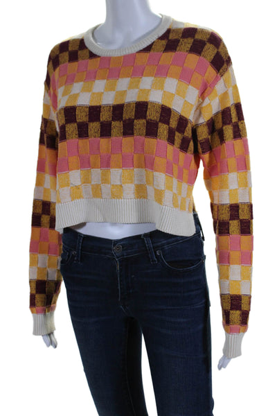 The Upside Womens Cotton Checkered Long Sleeve Crewneck Sweater Multi Size S