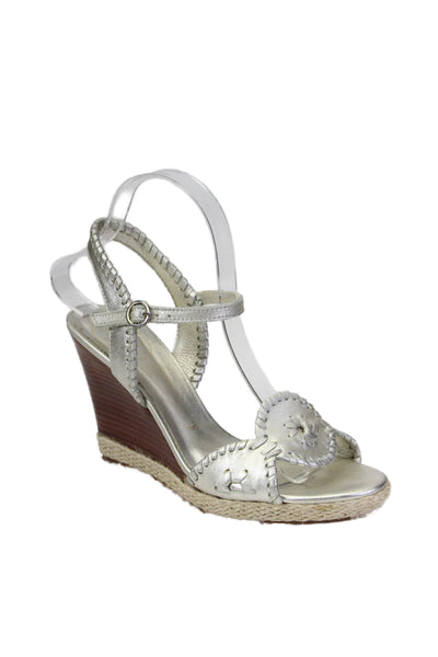 Jack Rogers Womens Leather Slingbacks Espadrille Wedge Sandals Silver Size 6