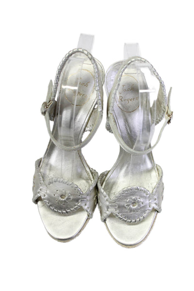 Jack Rogers Womens Leather Slingbacks Espadrille Wedge Sandals Silver Size 6