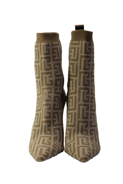 Balmain Womens Monogram Knitted Stiletto Heels Sock Boots Brown Size EUR 35.5