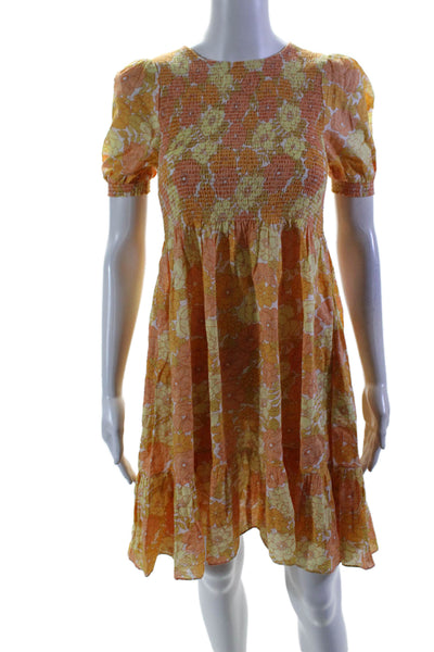 Les Coyotes De Paris Girls Short Sleeve Floral Print Long Dress Orange Small