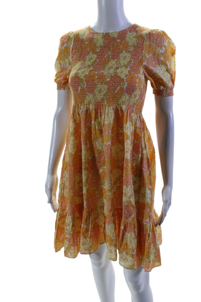 Les Coyotes De Paris Girls Short Sleeve Floral Print Long Dress Orange Small