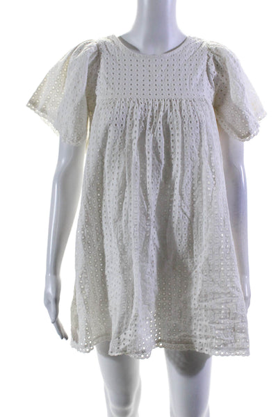 Chloe Girls Short Sleeve Open Knit Back Button Knee Length Dress White 14